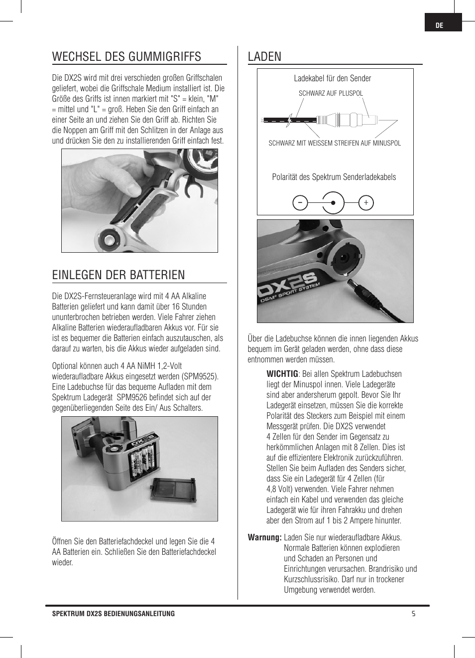 Wechsel des gummigriffs, Einlegen der batterien, Laden | Spektrum SPM2121 DX2S User Manual | Page 33 / 112