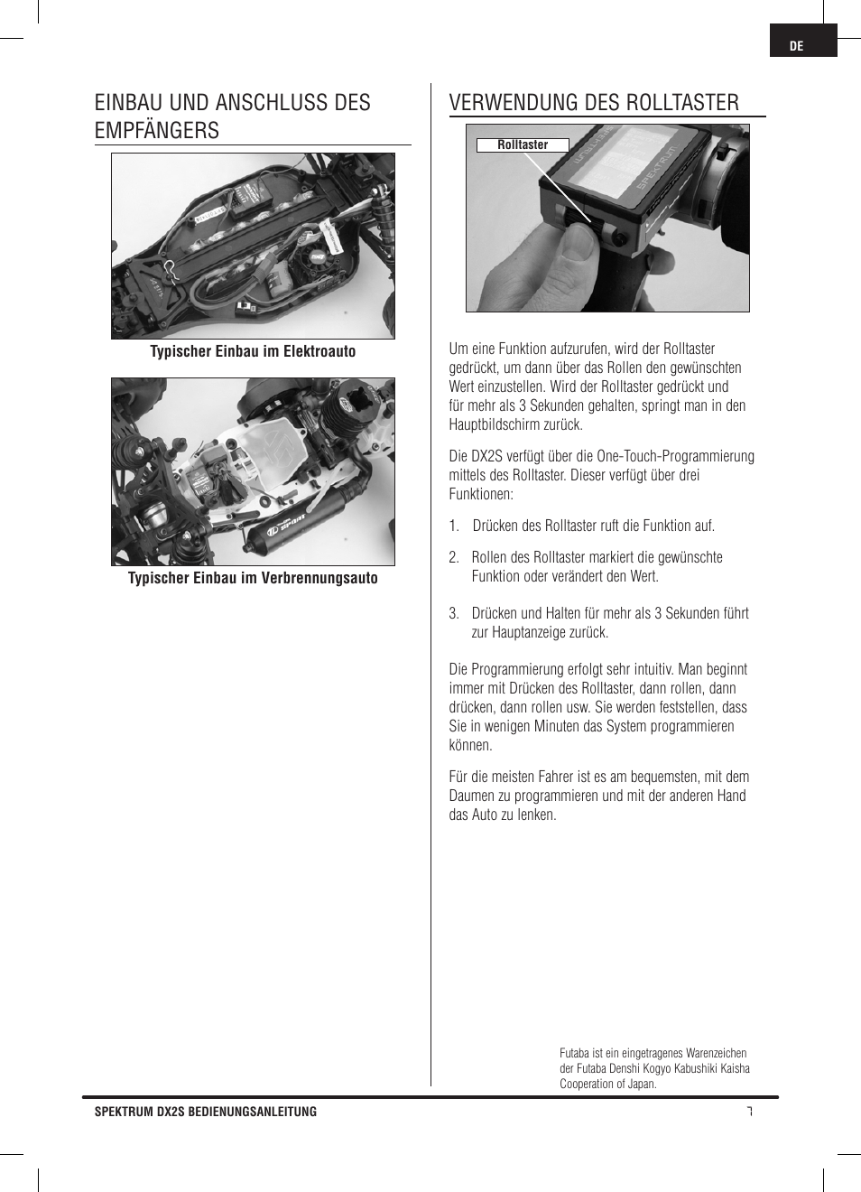 Einbau und anschluss des empfängers, Verwendung des rolltaster | Spektrum SPM2121 DX2S User Manual | Page 35 / 112