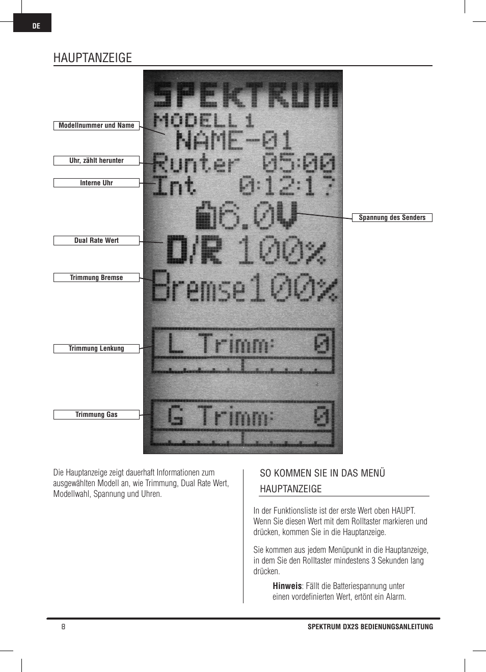 Hauptanzeige | Spektrum SPM2121 DX2S User Manual | Page 36 / 112