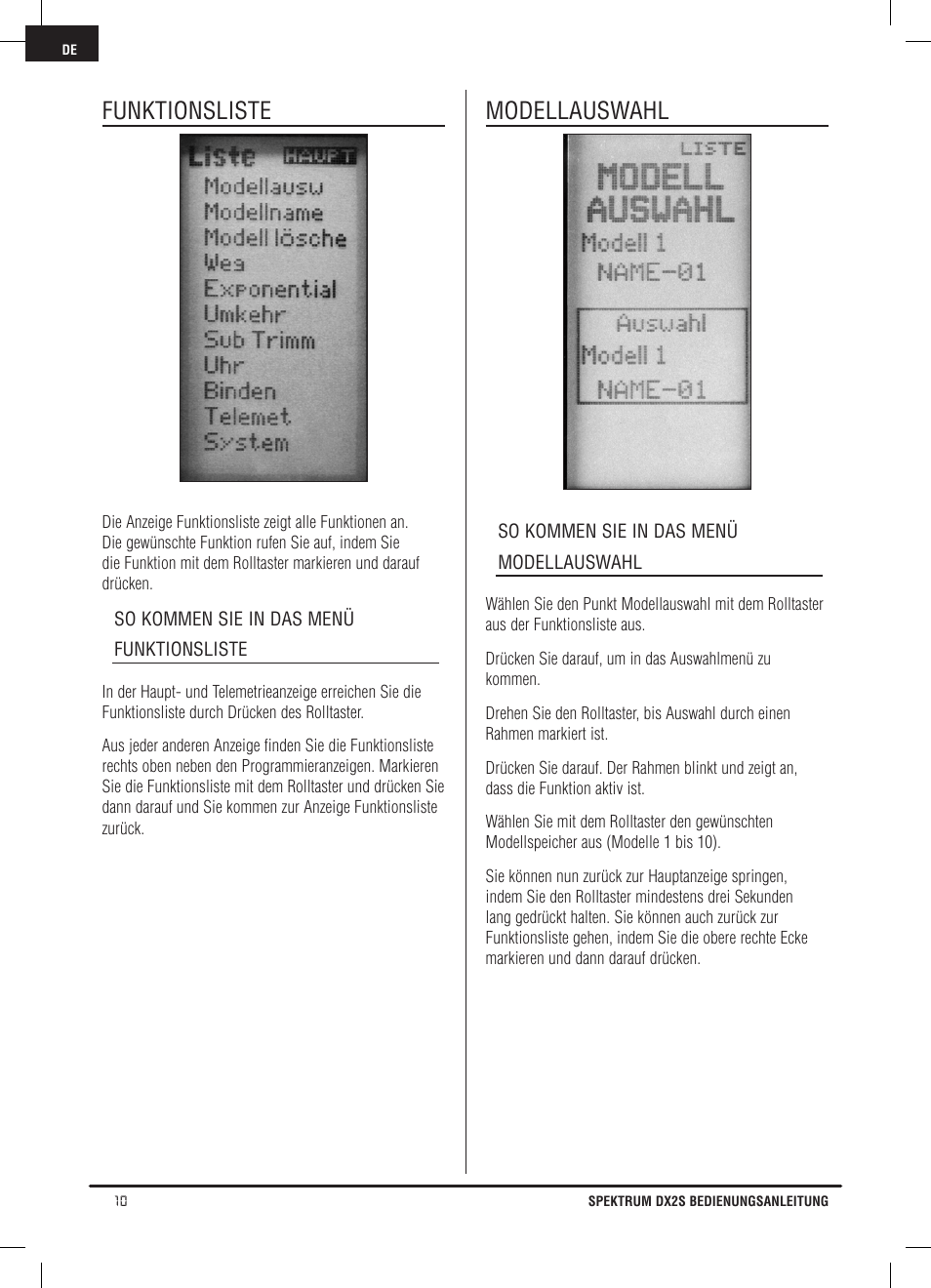 Funktionsliste, Modellauswahl | Spektrum SPM2121 DX2S User Manual | Page 38 / 112