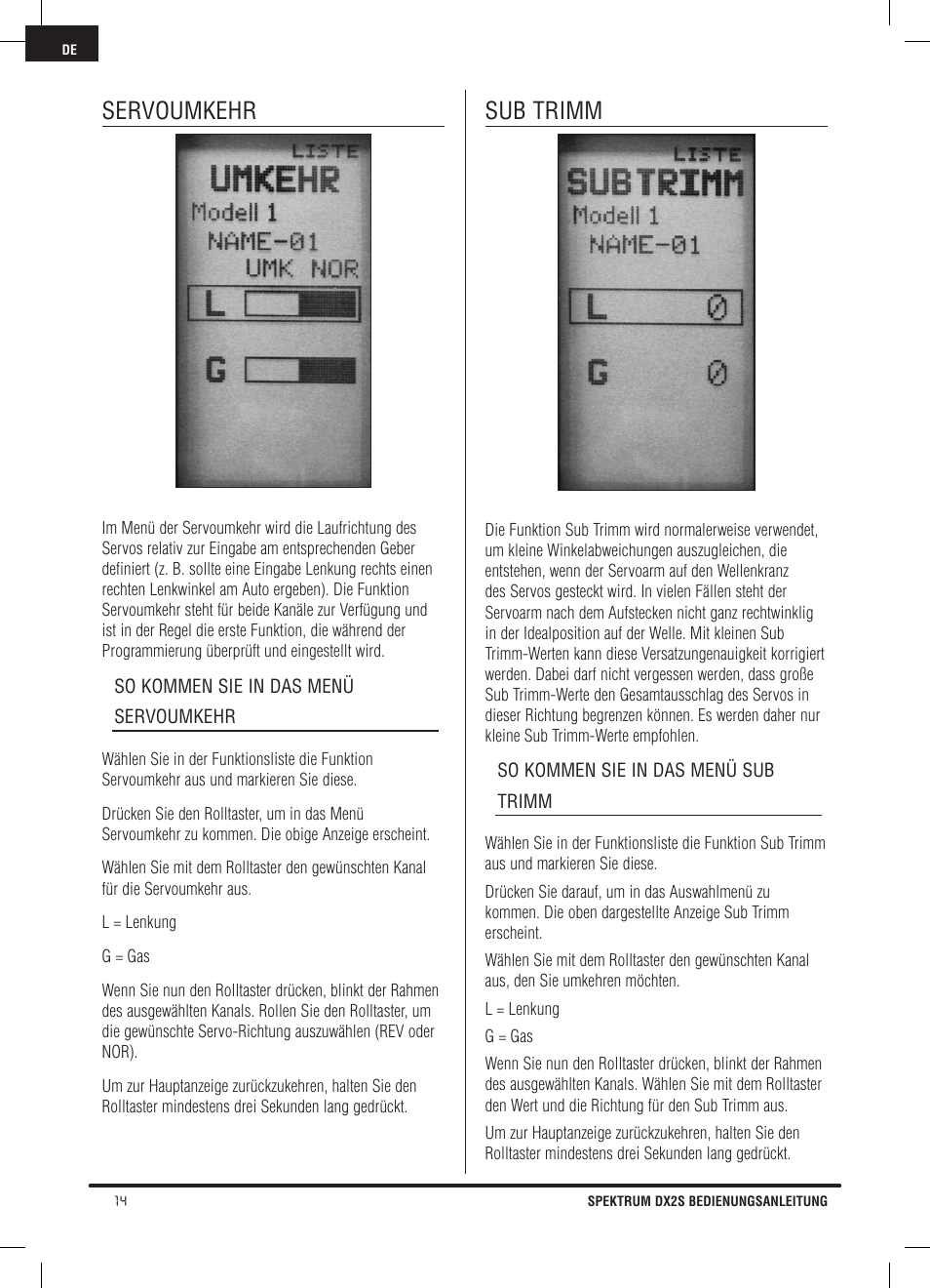 Servoumkehr, Sub trimm | Spektrum SPM2121 DX2S User Manual | Page 42 / 112