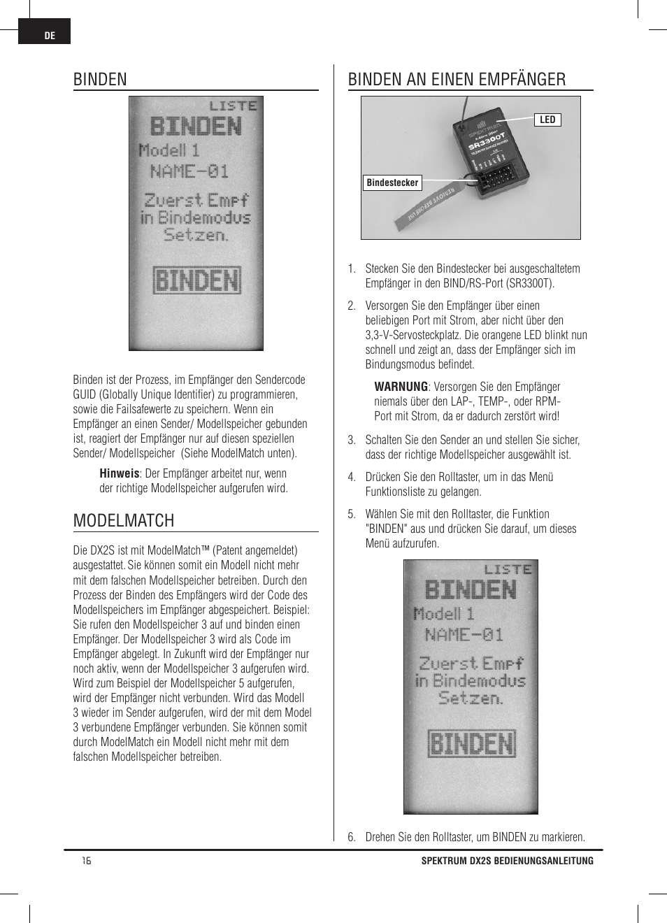 Binden, Modelmatch, Binden an einen empfänger | Spektrum SPM2121 DX2S User Manual | Page 44 / 112