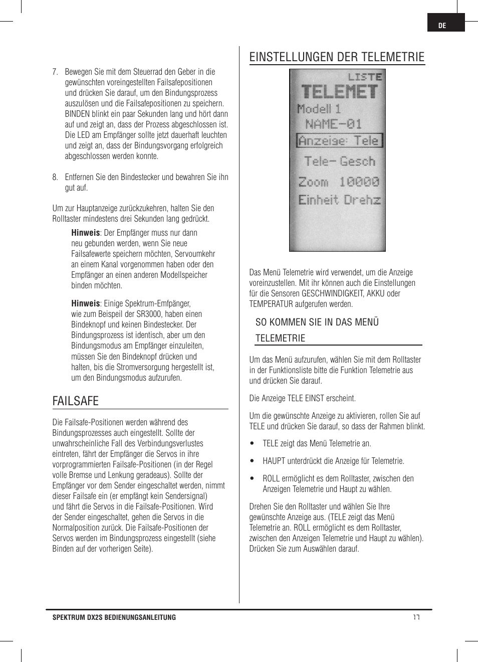 Failsafe, Einstellungen der telemetrie | Spektrum SPM2121 DX2S User Manual | Page 45 / 112