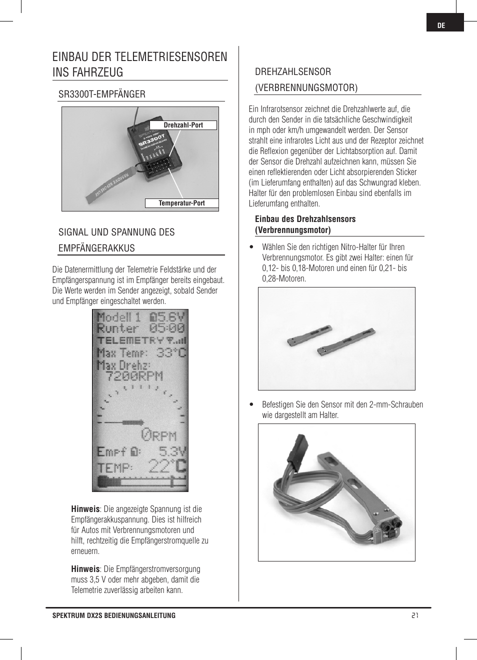 Einbau der telemetriesensoren ins fahrzeug | Spektrum SPM2121 DX2S User Manual | Page 49 / 112