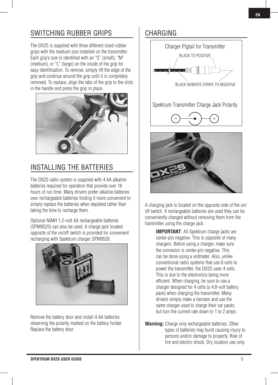 Switching rubber grips, Installing the batteries, Charging | Spektrum SPM2121 DX2S User Manual | Page 5 / 112