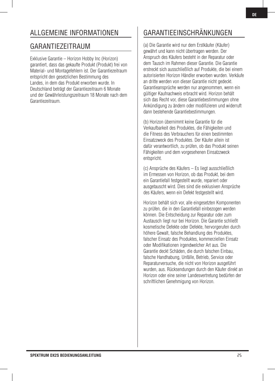 Allgemeine informationen garantiezeitraum, Garantieeinschränkungen | Spektrum SPM2121 DX2S User Manual | Page 53 / 112