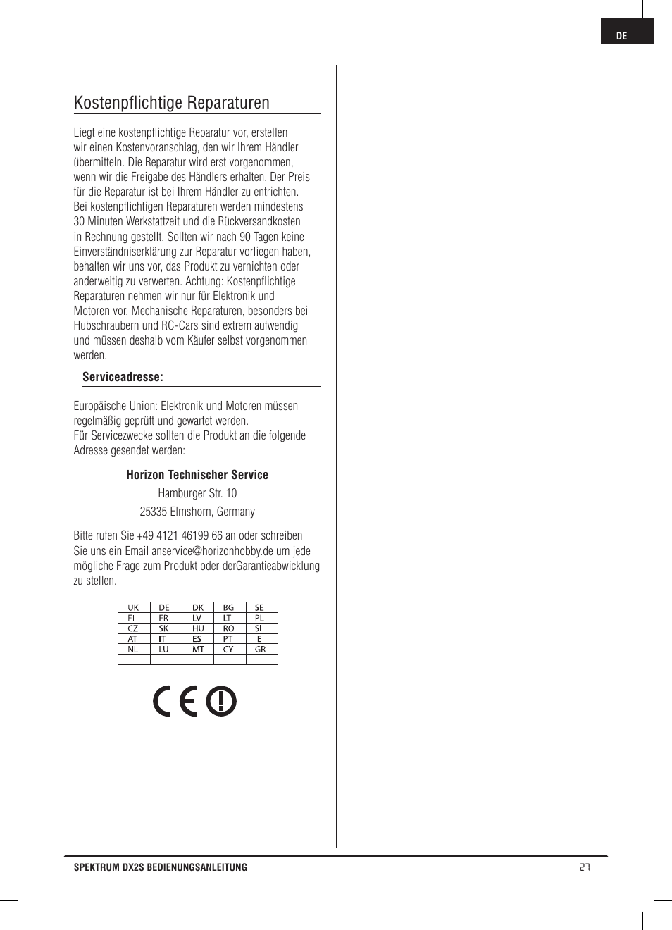 Kostenpflichtige reparaturen | Spektrum SPM2121 DX2S User Manual | Page 55 / 112