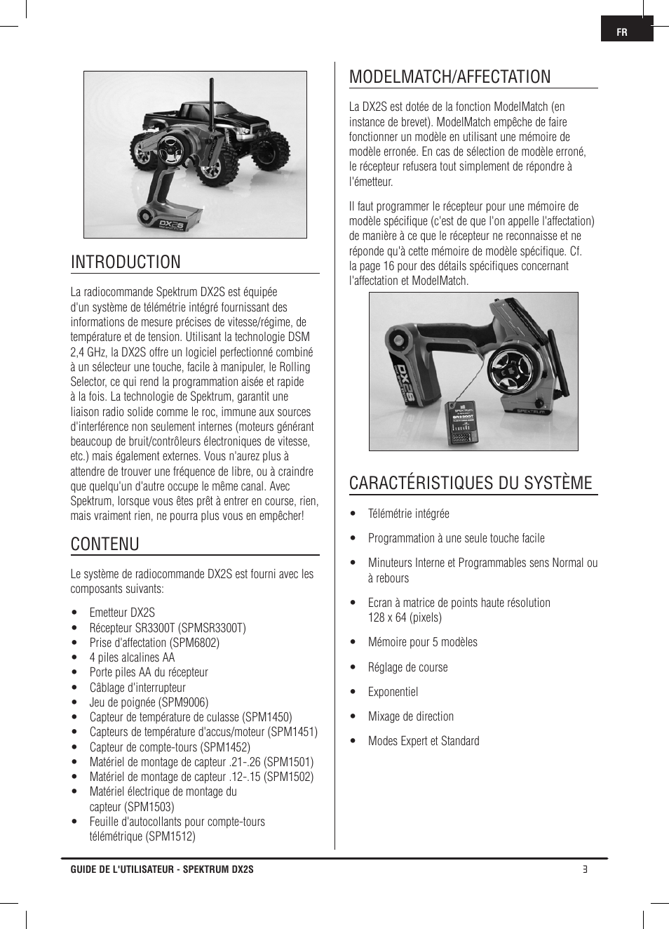 Introduction, Contenu, Modelmatch/affectation | Caractéristiques du système | Spektrum SPM2121 DX2S User Manual | Page 59 / 112