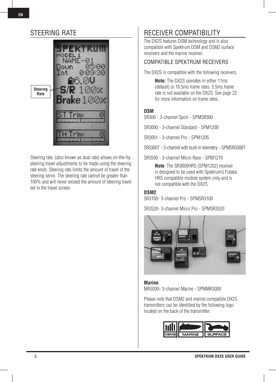Steering rate, Receiver compatibility | Spektrum SPM2121 DX2S User Manual | Page 6 / 112
