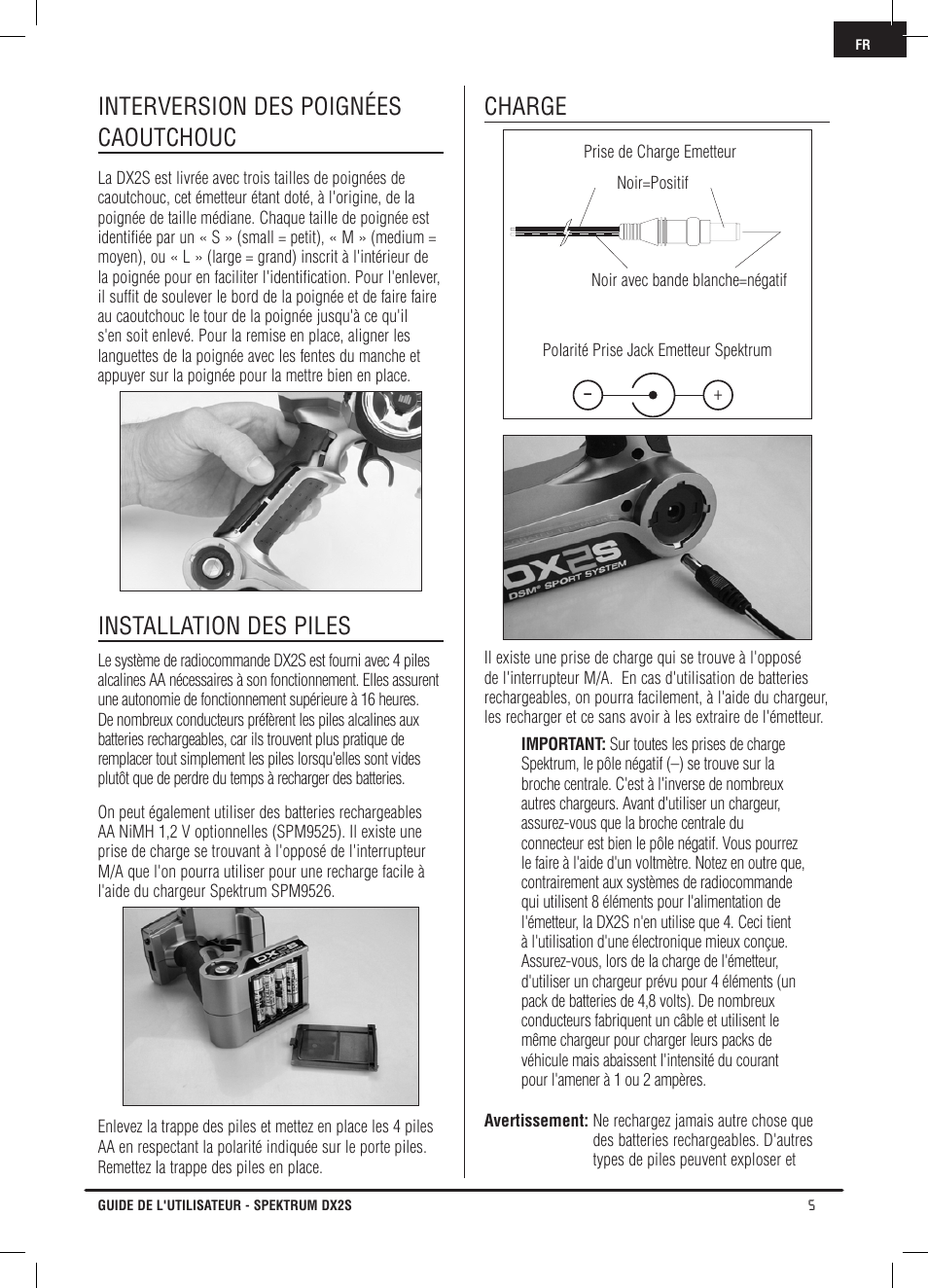 Interversion des poignées caoutchouc, Installation des piles, Charge | Spektrum SPM2121 DX2S User Manual | Page 61 / 112