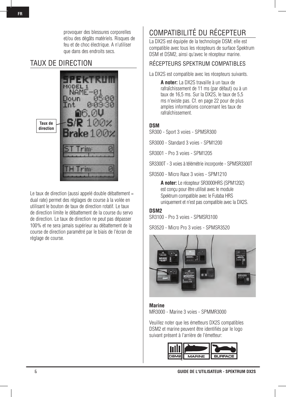 Taux de direction, Compatibilité du récepteur | Spektrum SPM2121 DX2S User Manual | Page 62 / 112