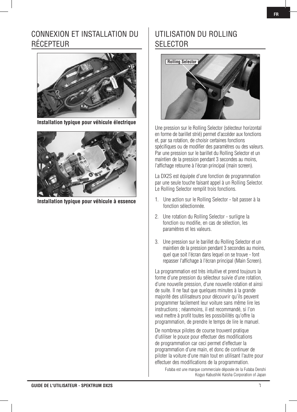 Connexion et installation du récepteur, Utilisation du rolling selector | Spektrum SPM2121 DX2S User Manual | Page 63 / 112
