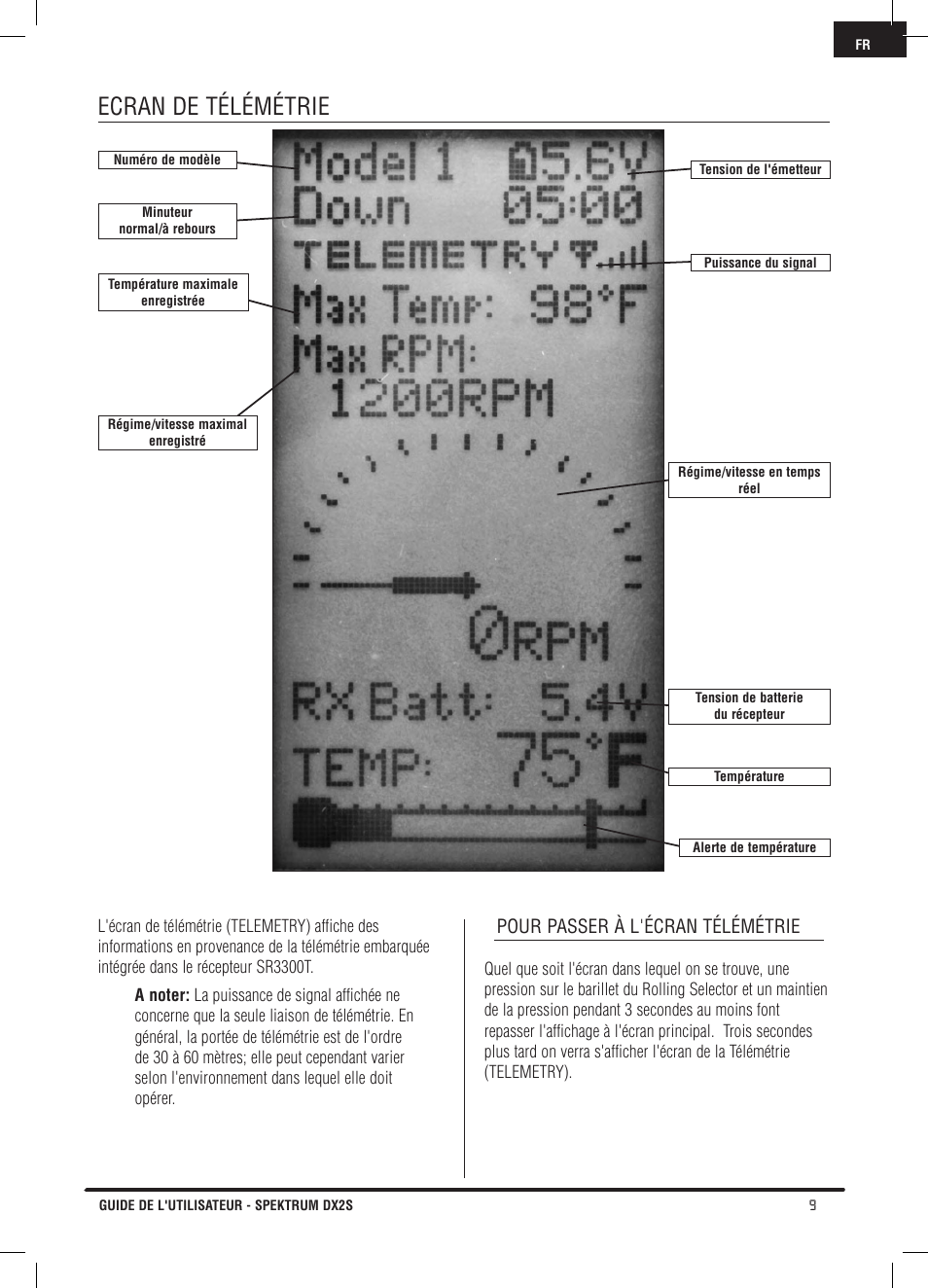 Ecran de télémétrie, Pour passer à l'écran télémétrie | Spektrum SPM2121 DX2S User Manual | Page 65 / 112