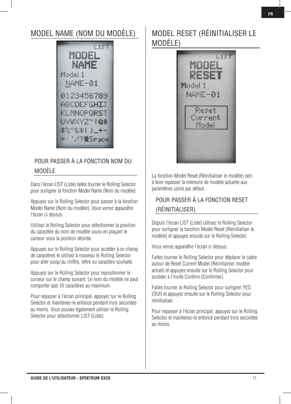 Model name (nom du modèle), Model reset (réinitialiser le modèle) | Spektrum SPM2121 DX2S User Manual | Page 67 / 112