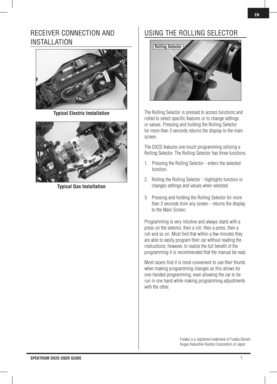 Receiver connection and installation, Using the rolling selector | Spektrum SPM2121 DX2S User Manual | Page 7 / 112