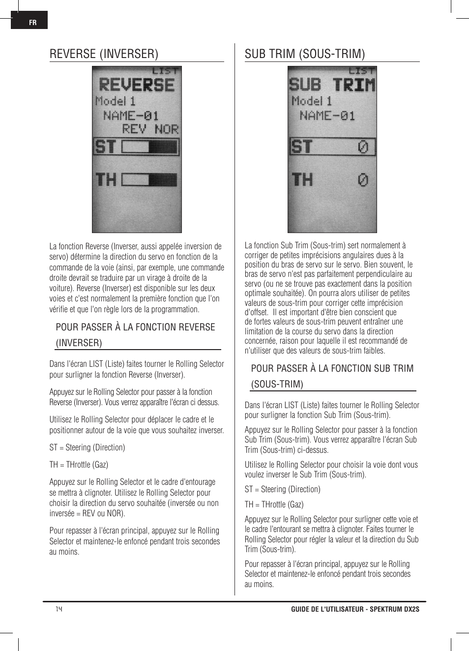 Reverse (inverser), Sub trim (sous-trim) | Spektrum SPM2121 DX2S User Manual | Page 70 / 112