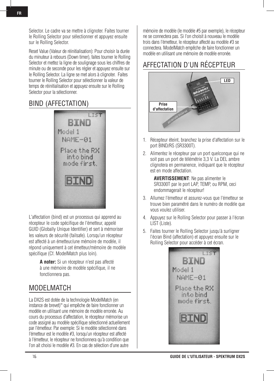 Bind (affectation), Modelmatch, Affectation d'un récepteur | Spektrum SPM2121 DX2S User Manual | Page 72 / 112