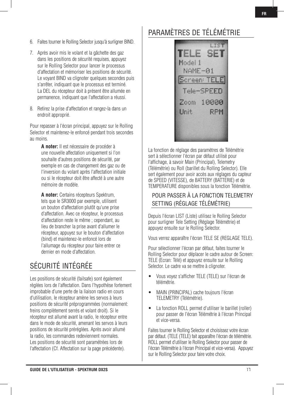 Sécurité intégrée, Paramètres de télémétrie | Spektrum SPM2121 DX2S User Manual | Page 73 / 112