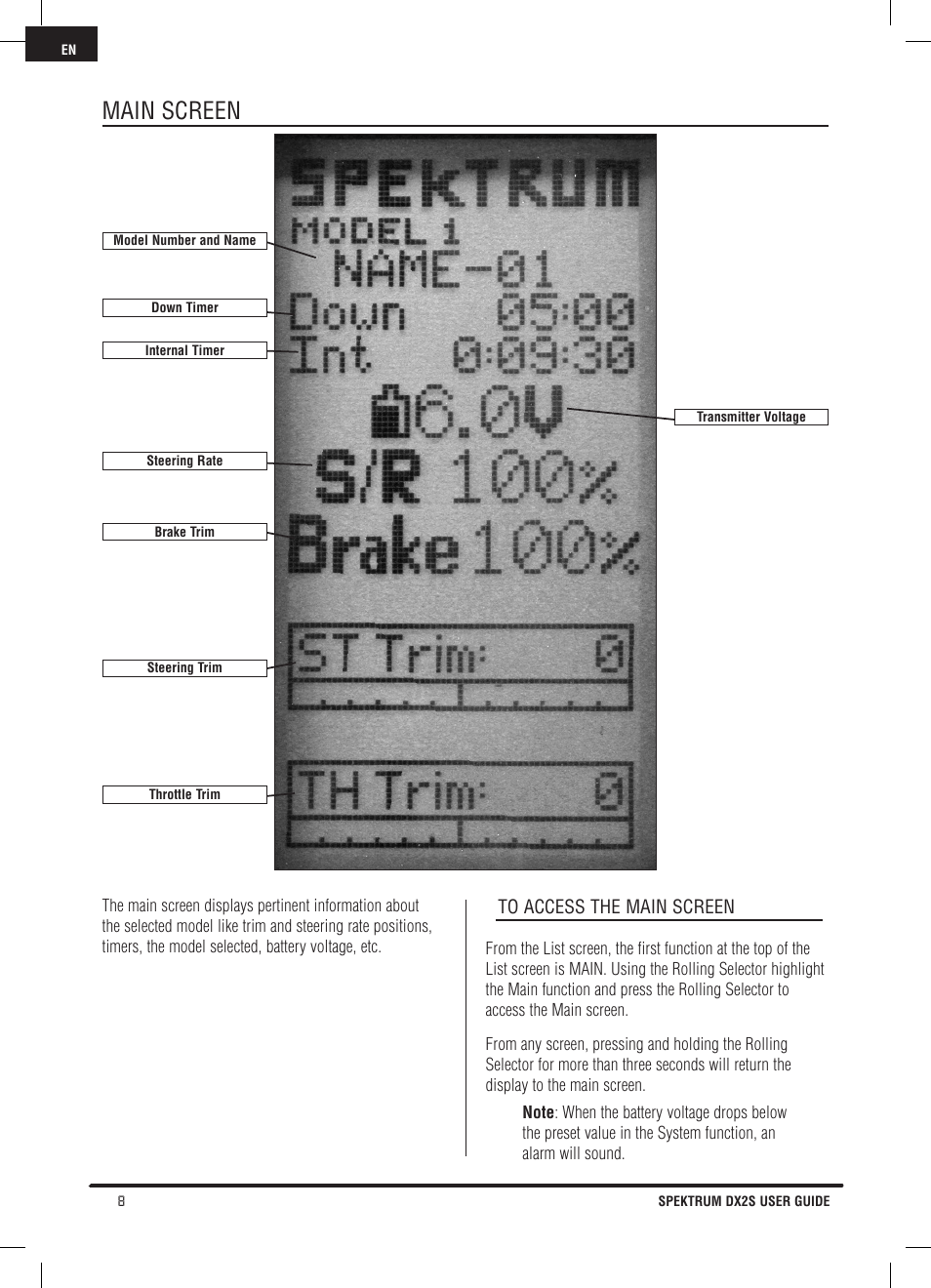 Main screen | Spektrum SPM2121 DX2S User Manual | Page 8 / 112