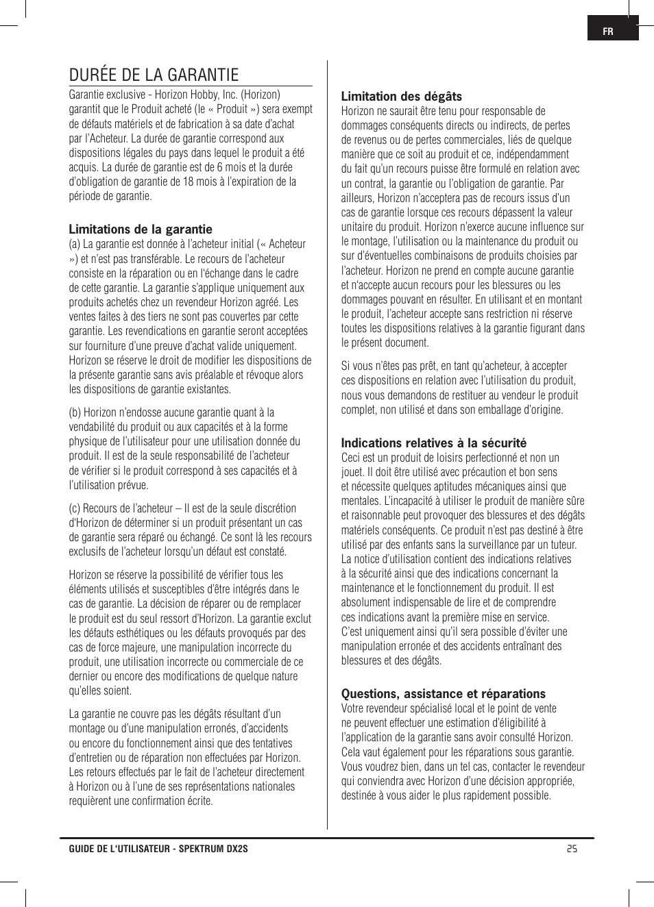 Durée de la garantie | Spektrum SPM2121 DX2S User Manual | Page 81 / 112