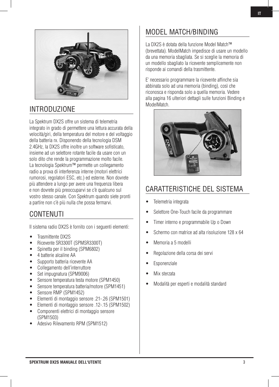 Introduzione, Contenuti, Model match/binding | Caratteristiche del sistema | Spektrum SPM2121 DX2S User Manual | Page 87 / 112