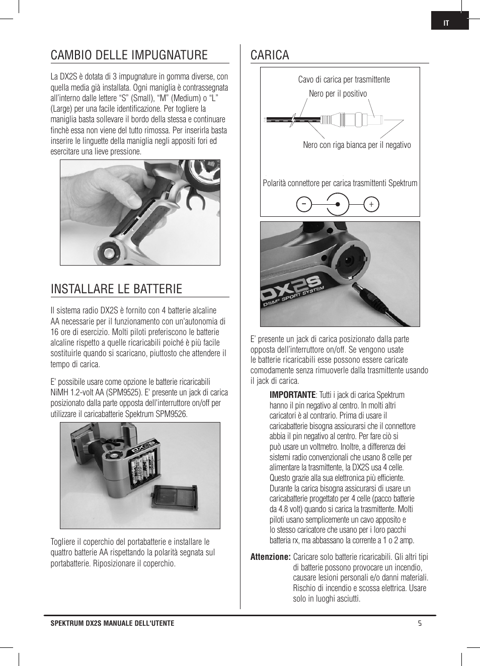 Cambio delle impugnature, Installare le batterie, Carica | Spektrum SPM2121 DX2S User Manual | Page 89 / 112