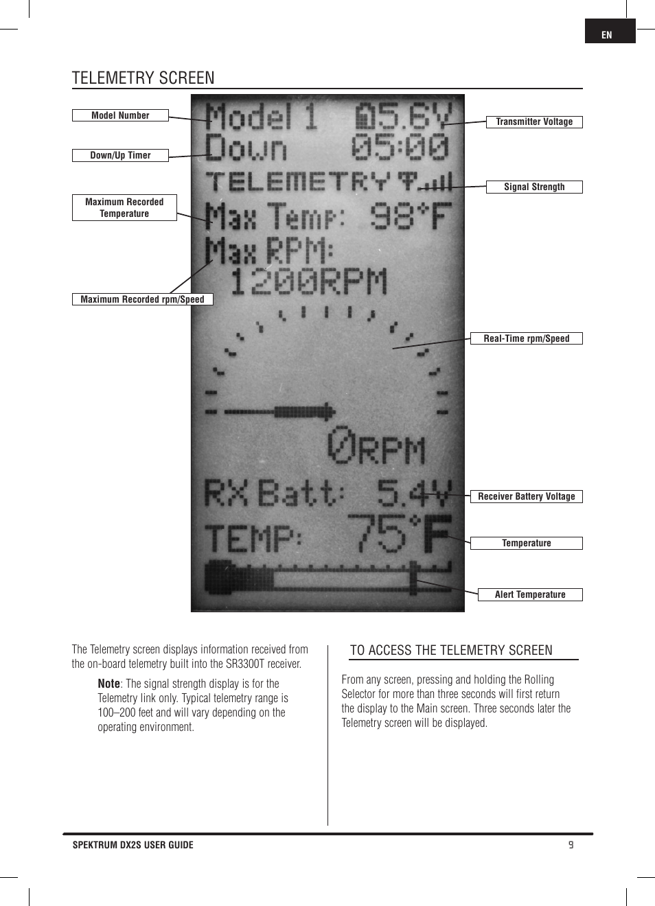 Telemetry screen | Spektrum SPM2121 DX2S User Manual | Page 9 / 112