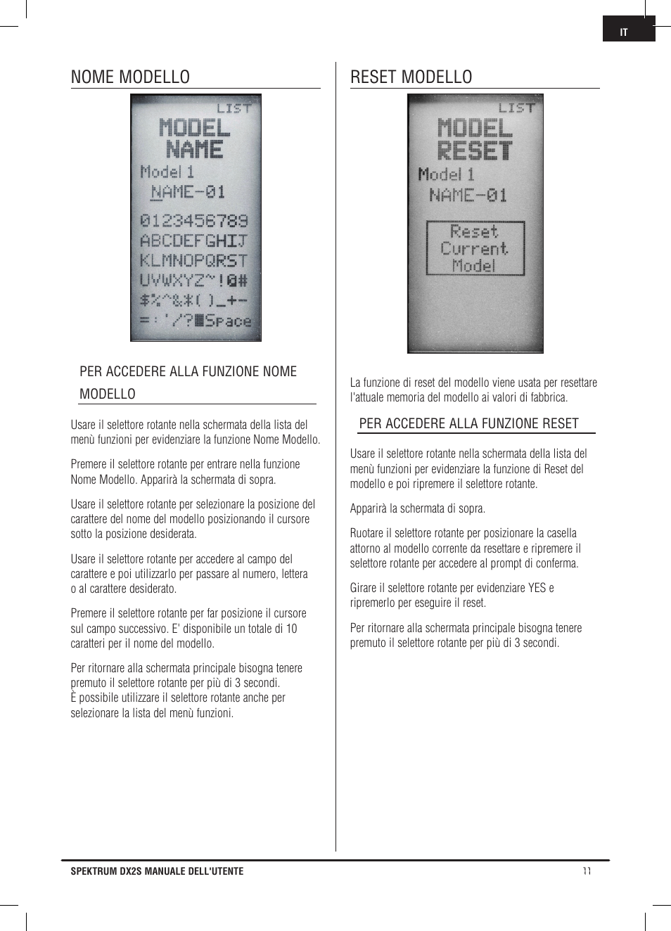 Nome modello, Reset modello | Spektrum SPM2121 DX2S User Manual | Page 95 / 112