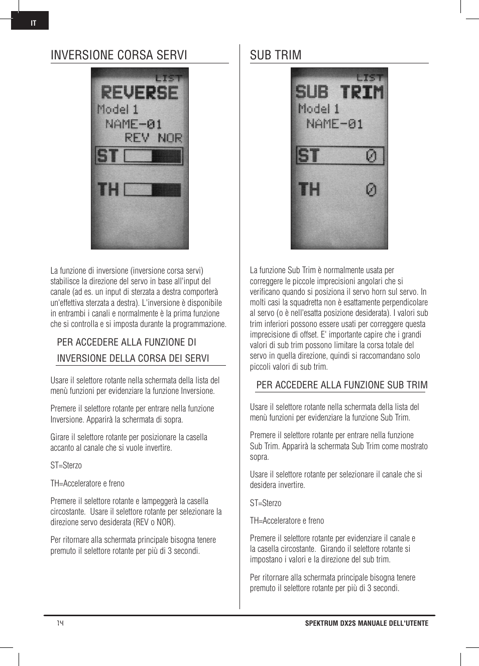 Inversione corsa servi, Sub trim | Spektrum SPM2121 DX2S User Manual | Page 98 / 112