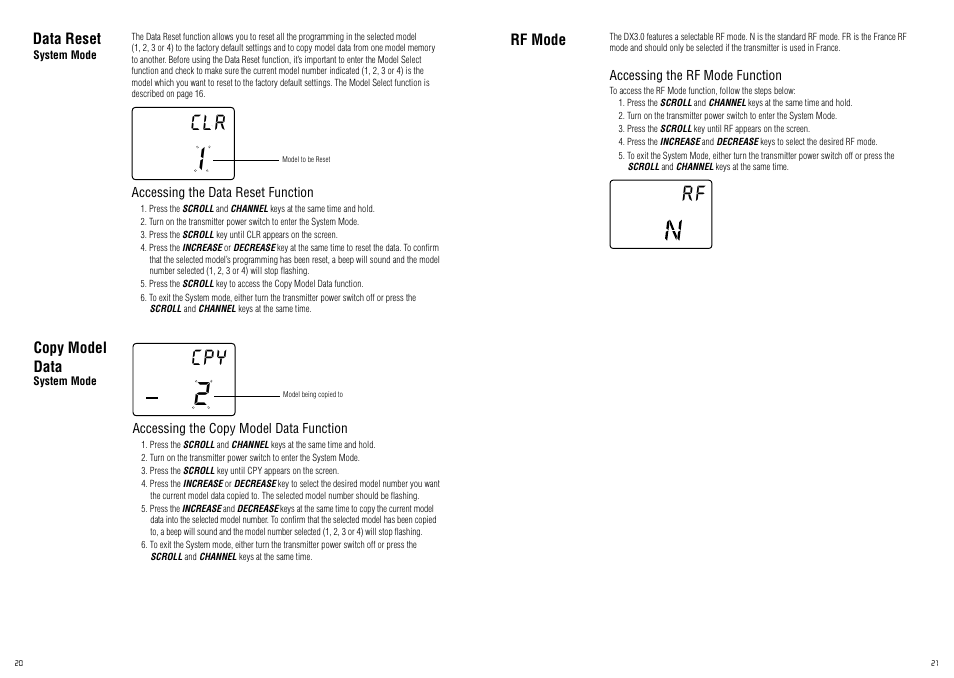 Data reset, Copy model data, Rf mode | Spektrum SPM20320 DX3.0 User Manual | Page 11 / 20