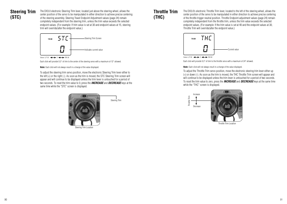 Throttle trim (thc), Steering trim (stc) | Spektrum SPM20320 DX3.0 User Manual | Page 16 / 20