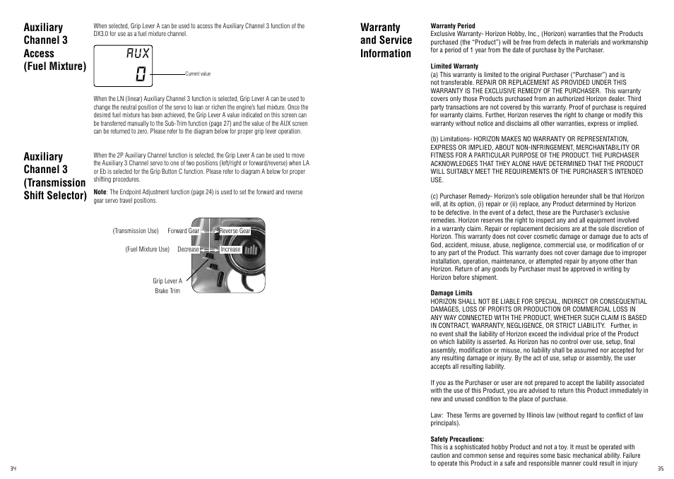 Warranty and service information, Auxiliary channel 3 access (fuel mixture), Auxiliary channel 3 (transmission shift selector) | Spektrum SPM20320 DX3.0 User Manual | Page 18 / 20