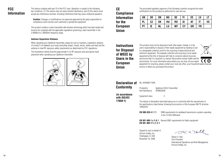 Declaration of conformity, Fcc information | Spektrum SPM20320 DX3.0 User Manual | Page 20 / 20