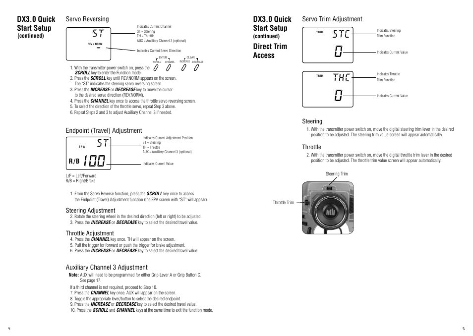 Dx3.0 quick start setup, Dx3.0 quick start setup direct trim access | Spektrum SPM20320 DX3.0 User Manual | Page 3 / 20