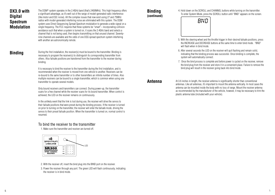 Antenna, Binding, Dx3.0 with digital spectrum modulation binding | Spektrum SPM20320 DX3.0 User Manual | Page 4 / 20