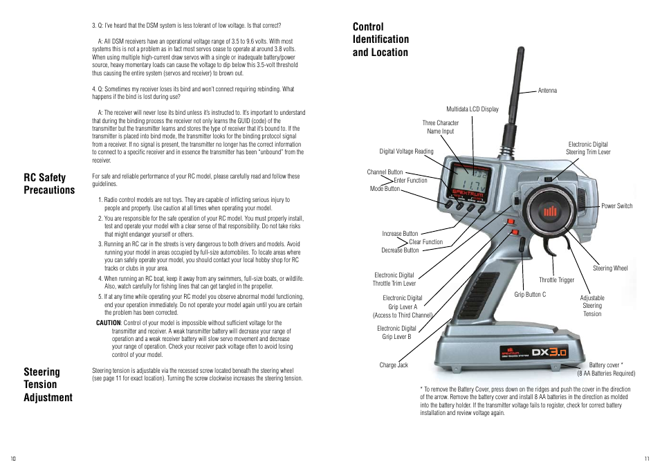 Control identification and location, Rc safety precautions steering tension adjustment | Spektrum SPM20320 DX3.0 User Manual | Page 6 / 20