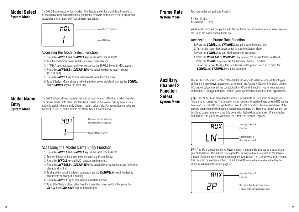 Frame rate auxiliary channel 3 function select, Model select, Model name entry | Spektrum SPM20320 DX3.0 User Manual | Page 9 / 20
