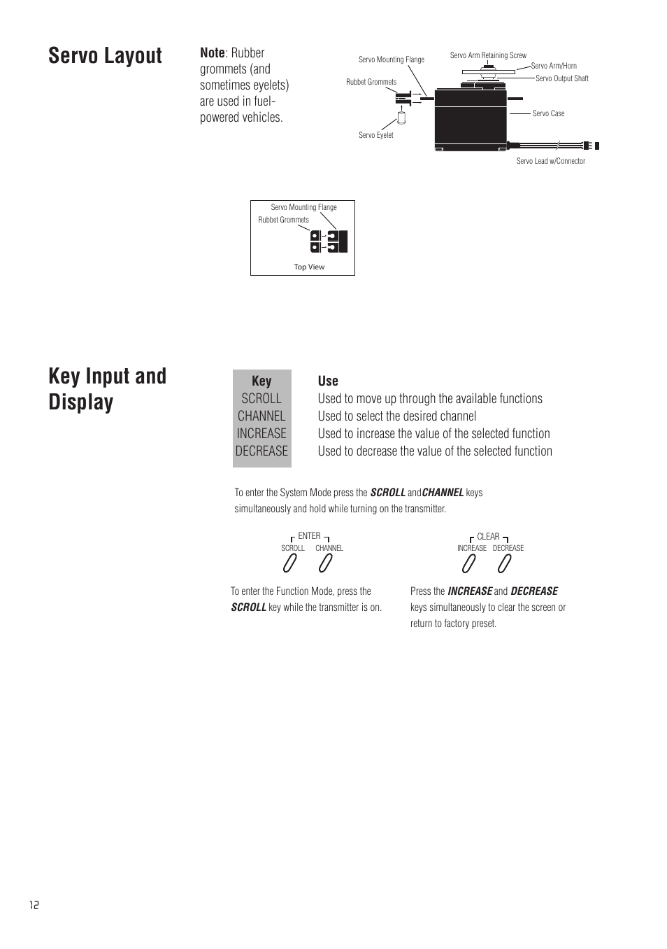 Servo layout, Key input and display | Spektrum SPM20310 DX3.0 User Manual | Page 12 / 40