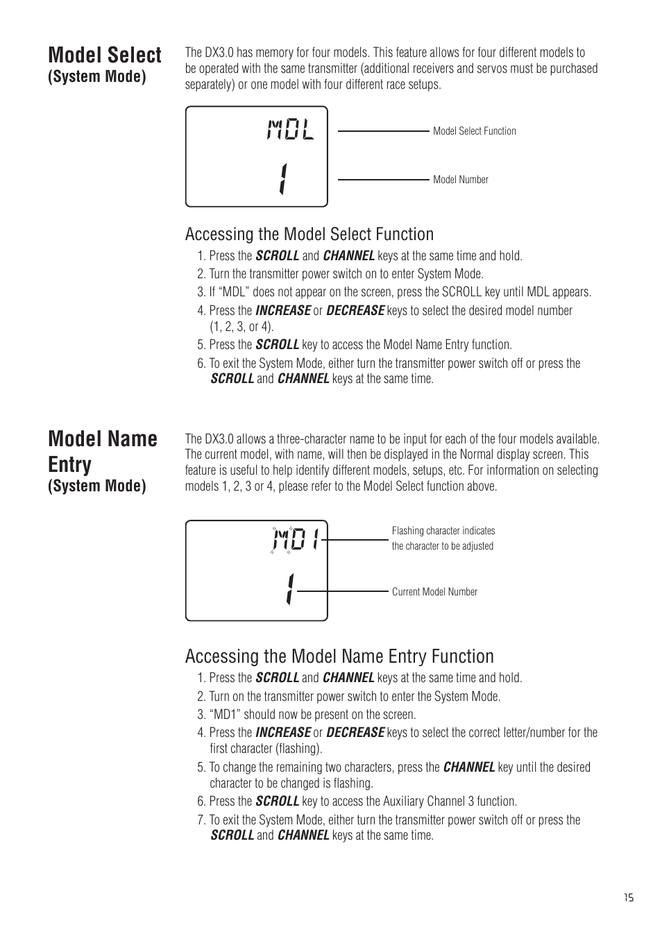 Model select, Model name entry | Spektrum SPM20310 DX3.0 User Manual | Page 15 / 40