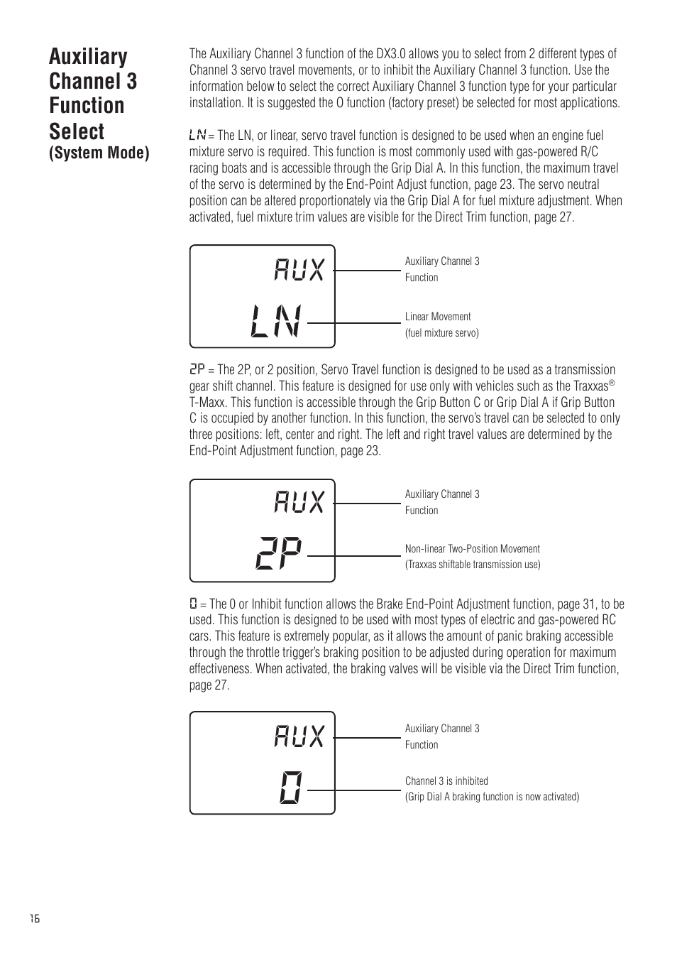 Auxiliary channel 3 function select | Spektrum SPM20310 DX3.0 User Manual | Page 16 / 40