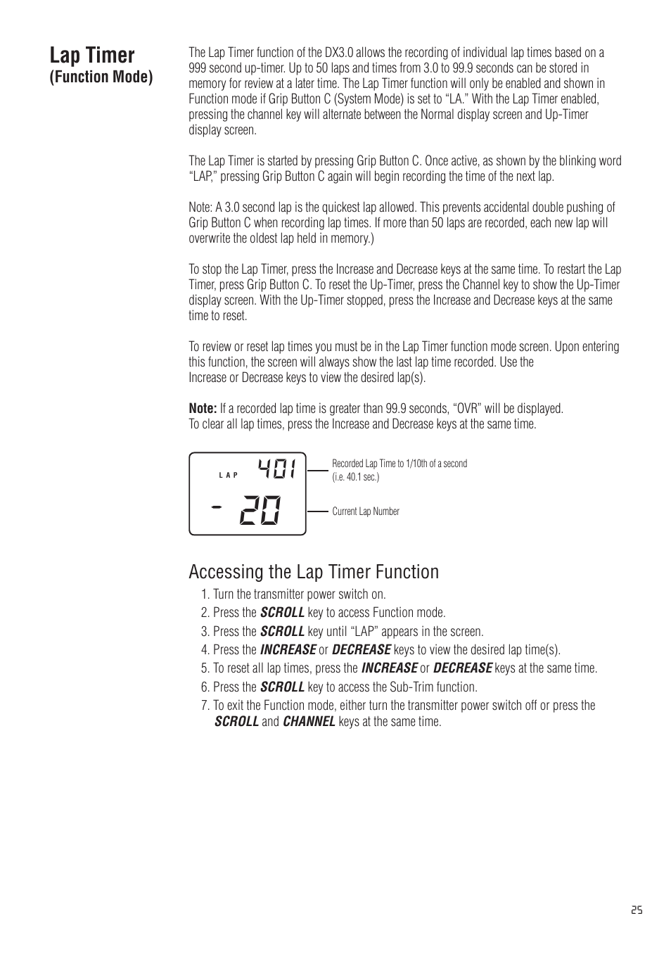 Lap timer, Accessing the lap timer function | Spektrum SPM20310 DX3.0 User Manual | Page 25 / 40