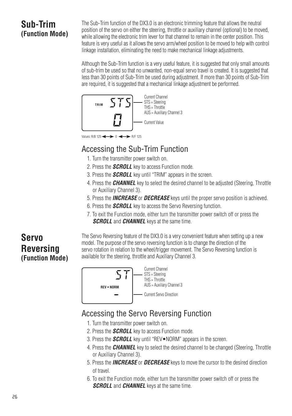 Sub-trim, Servo reversing, Accessing the servo reversing function | Accessing the sub-trim function | Spektrum SPM20310 DX3.0 User Manual | Page 26 / 40
