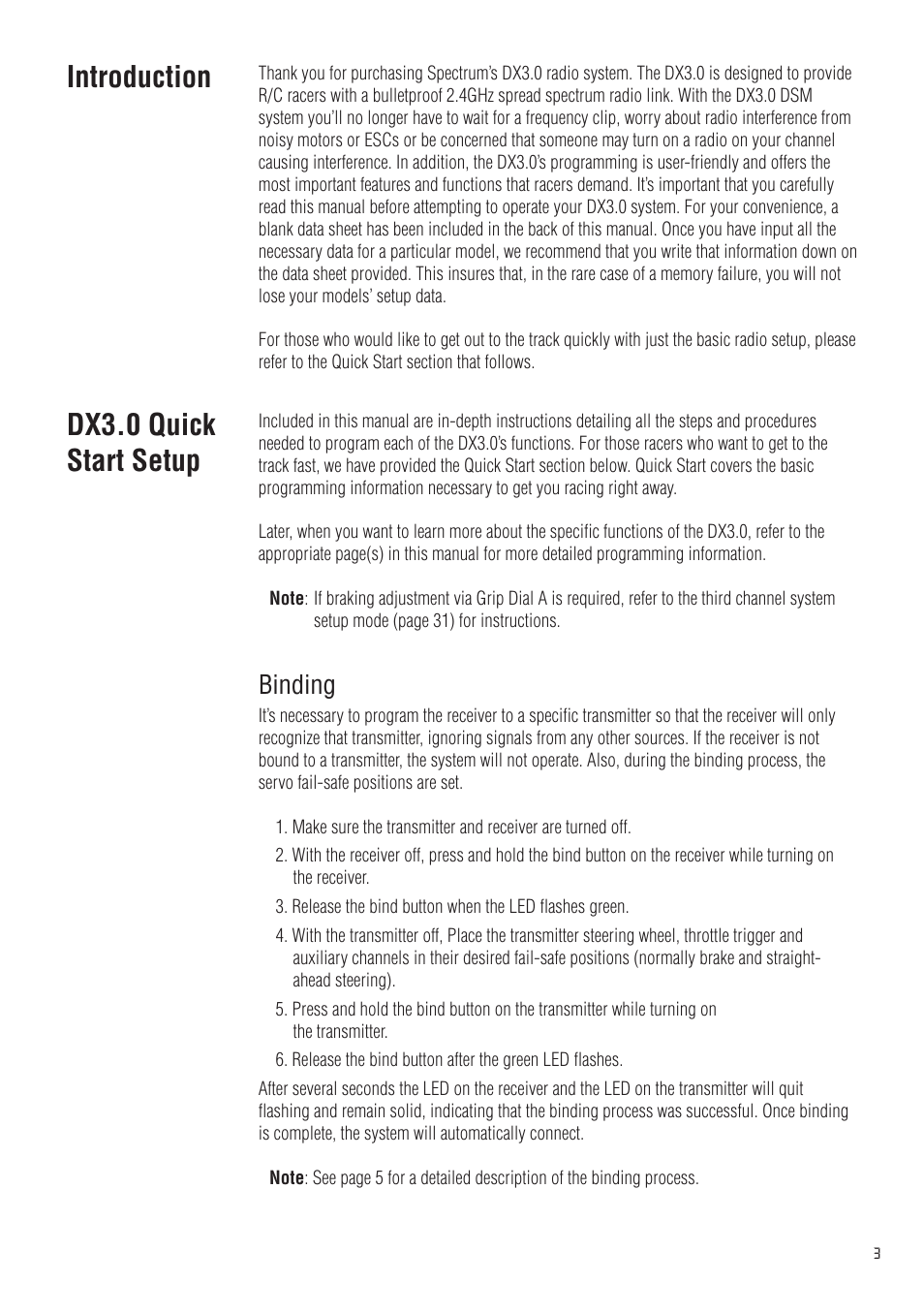 Introduction, Dx3.0 quick start setup, Binding | Spektrum SPM20310 DX3.0 User Manual | Page 3 / 40