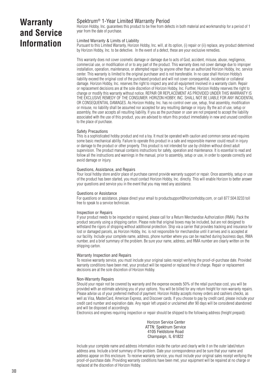 Warranty and service information, Spektrum, Year limited warranty period | Spektrum SPM20310 DX3.0 User Manual | Page 38 / 40