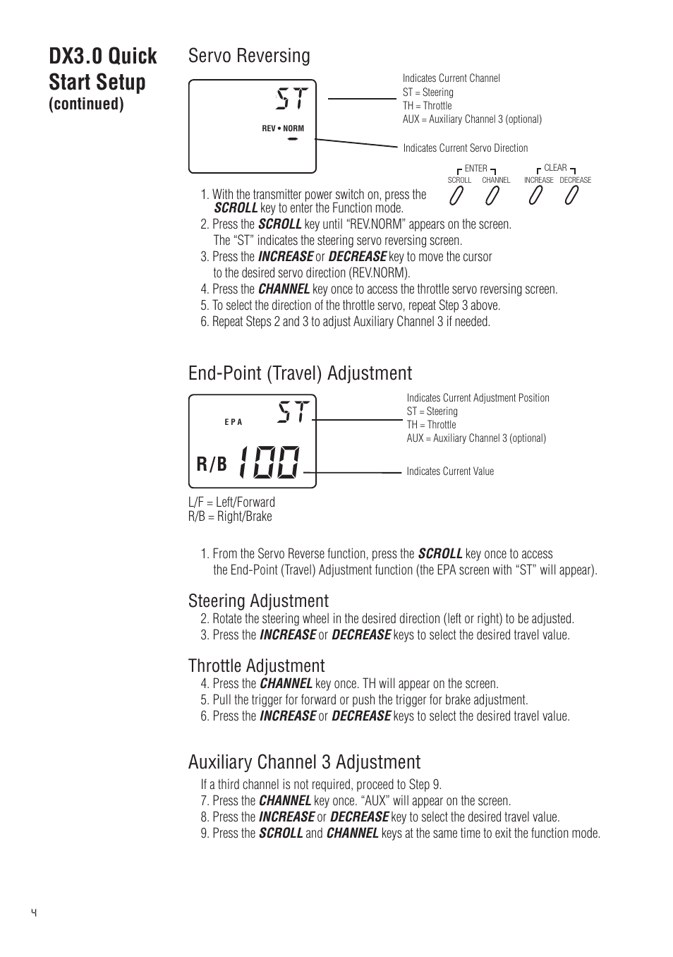 Dx3.0 quick start setup, Servo reversing, End-point (travel) adjustment | Auxiliary channel 3 adjustment | Spektrum SPM20310 DX3.0 User Manual | Page 4 / 40