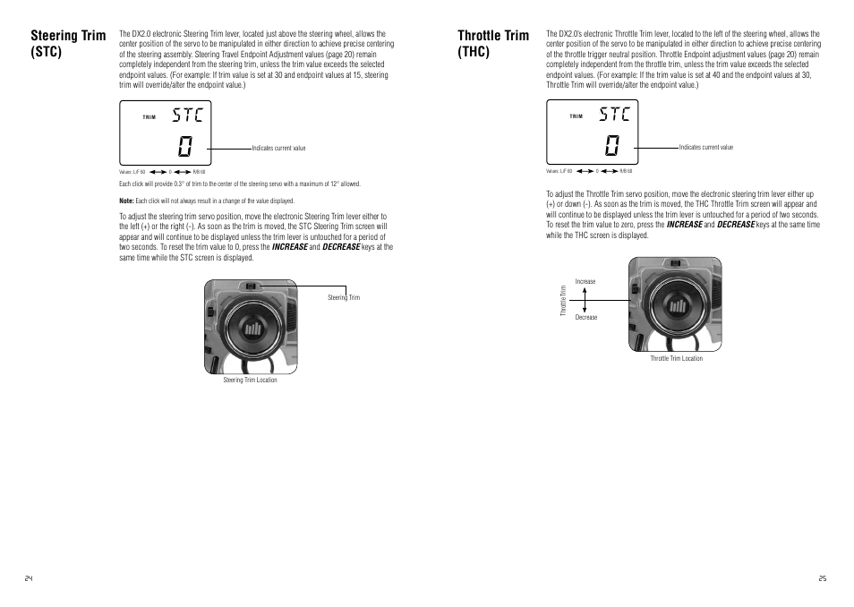 Steering trim (stc), Throttle trim (thc) | Spektrum SPM20220 DX2.0 User Manual | Page 13 / 18