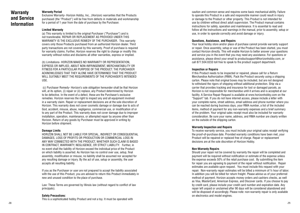 Warranty and service information | Spektrum SPM20220 DX2.0 User Manual | Page 15 / 18