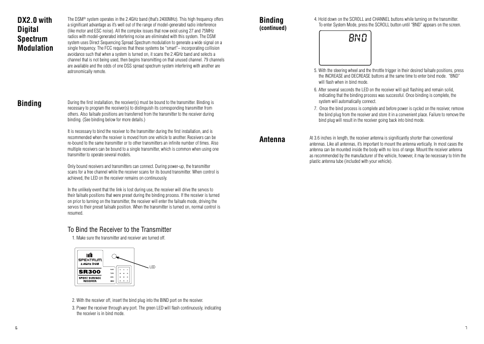 Antenna, Binding, Dx2.0 with digital spectrum modulation | Spektrum SPM20220 DX2.0 User Manual | Page 4 / 18