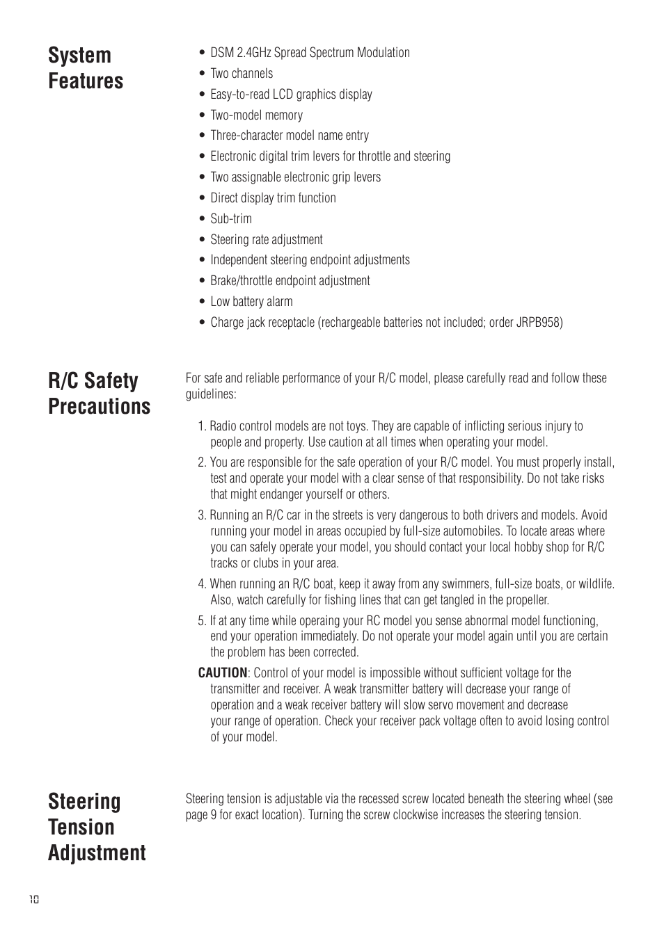 R/c safety precautions, Steering tension adjustment, System features | Spektrum SPM20200 DX2.0 User Manual | Page 10 / 32