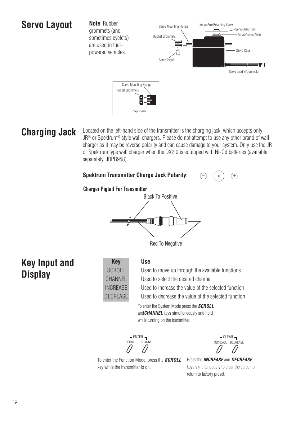Servo layout, Key input and display, Charging jack | Spektrum SPM20200 DX2.0 User Manual | Page 12 / 32